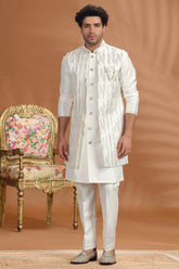 Pearl White Silk Sequin Embroidered Jacket Kurta Set